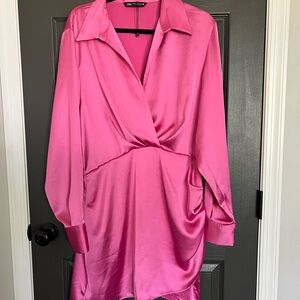 Zara hot pink satin faux wrap dress